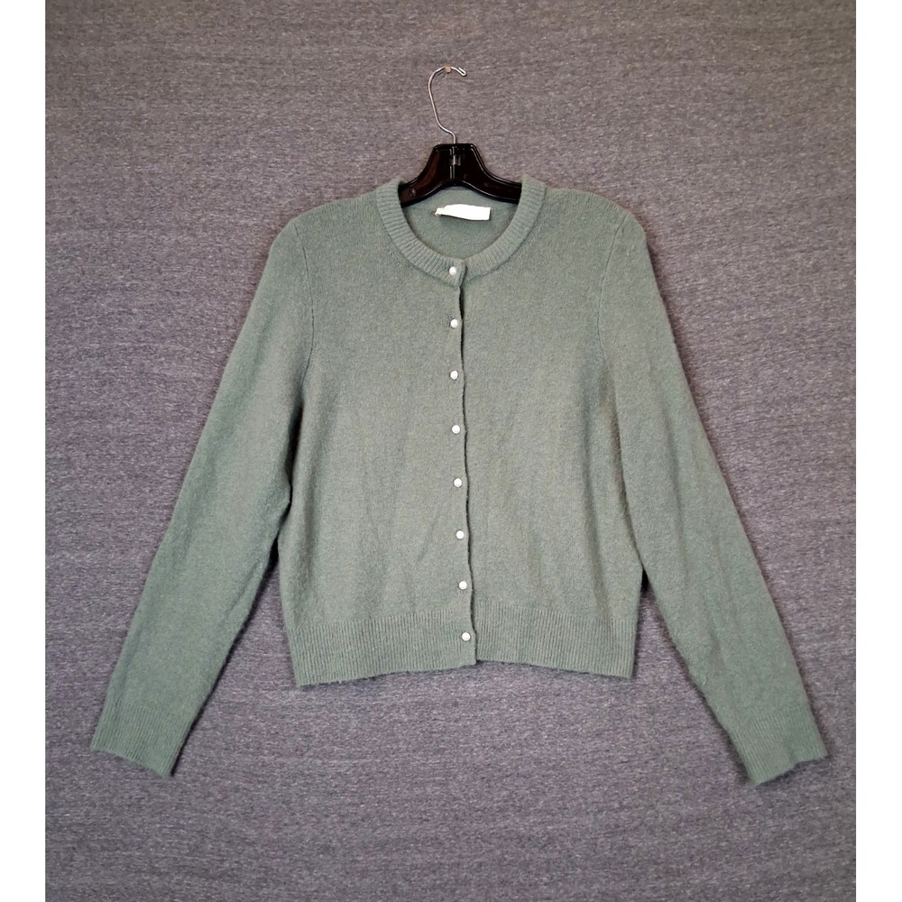Abercrombie & Fitch Womens Sweater Large Green Sage Merino Blend Pearl Cardigan